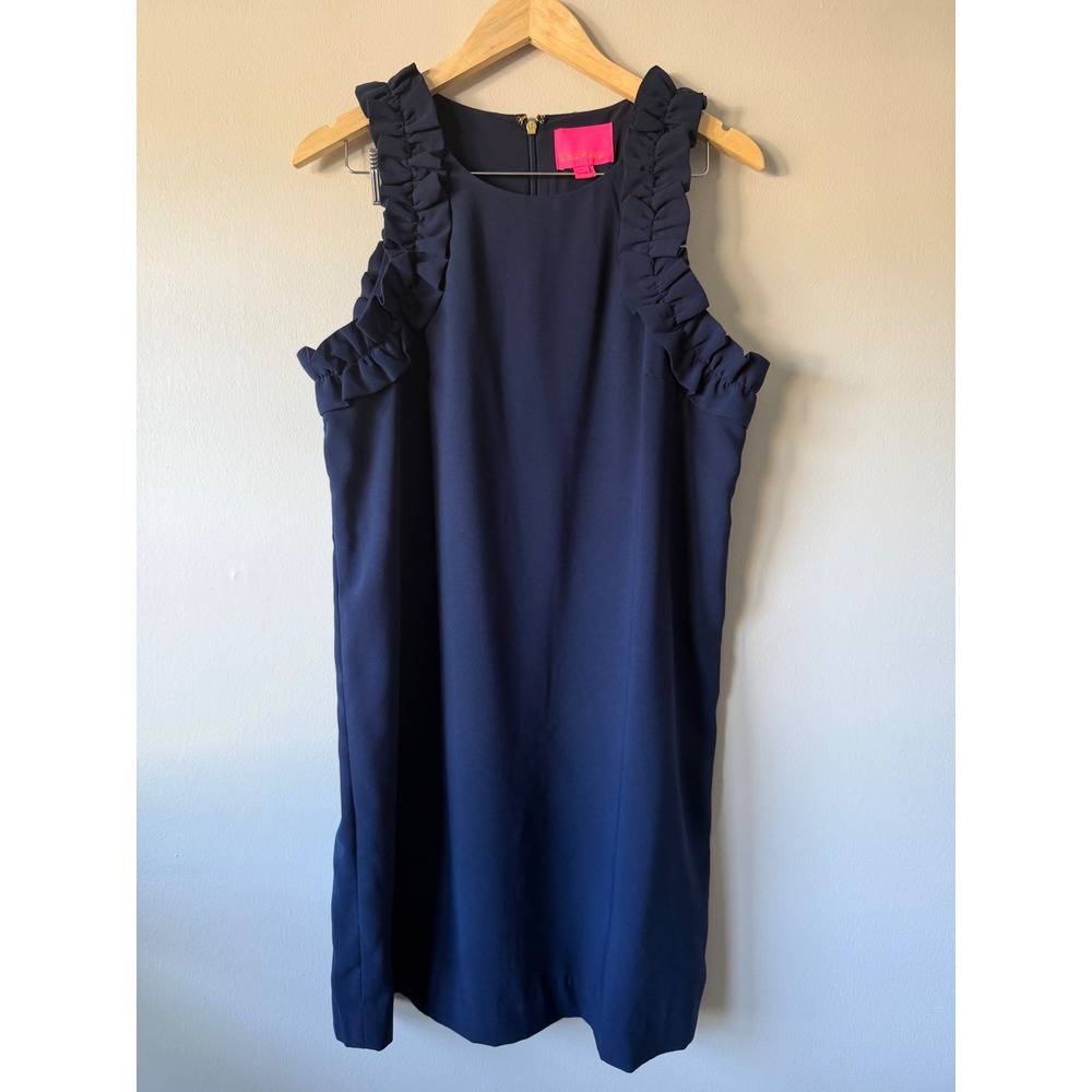 Lilly Pulitzer Kailee Ruffle Dress Large Navy Blue Sleeveless Shift Round Neck
